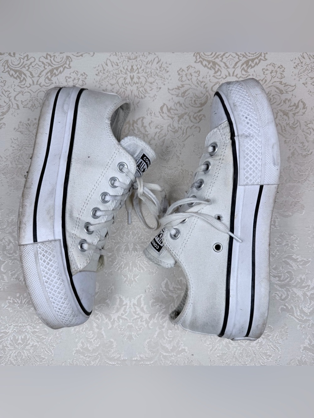 Converse White Low-Top Platform Canvas Sneakers with Black Stripe, 6